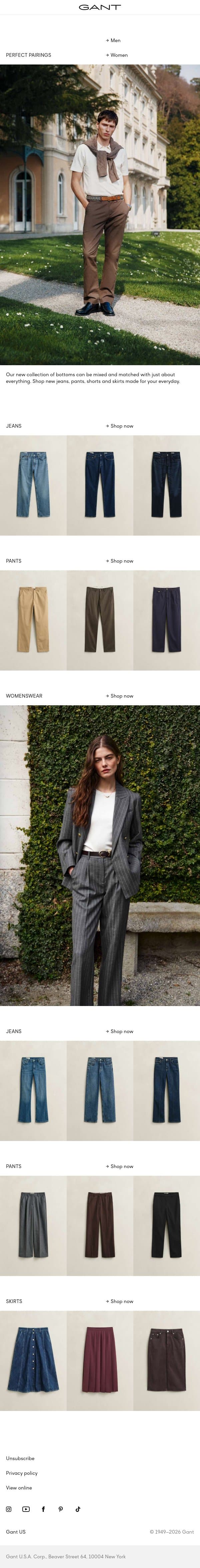 New jeans, pants & skirts email from Gant screenshot