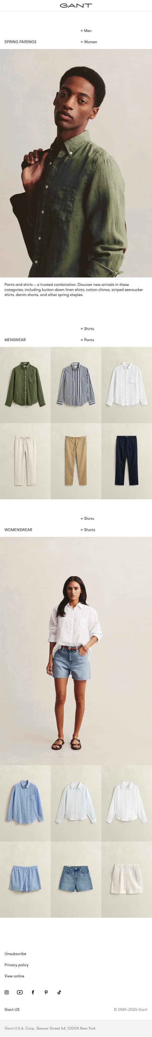 Spring pairings: Shirts & pants email from Gant screenshot