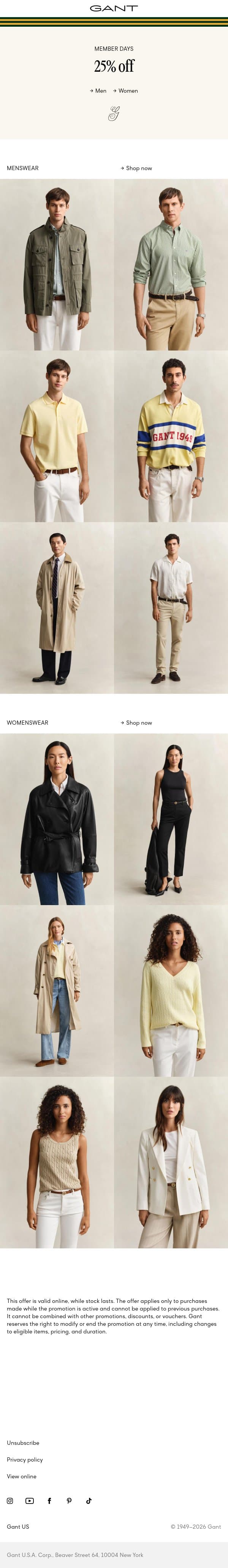 Member Days – Starting now email from Gant screenshot