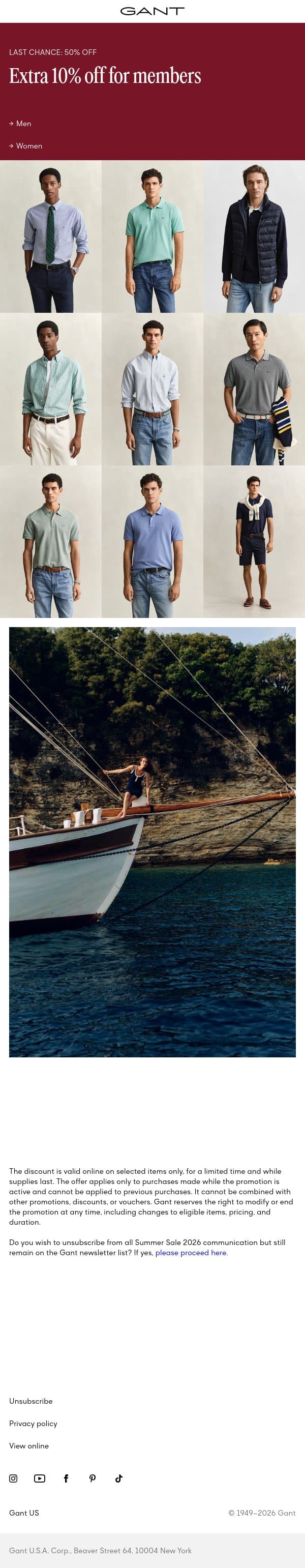 Last chance: Sale 50% off ends tonight email from Gant screenshot
