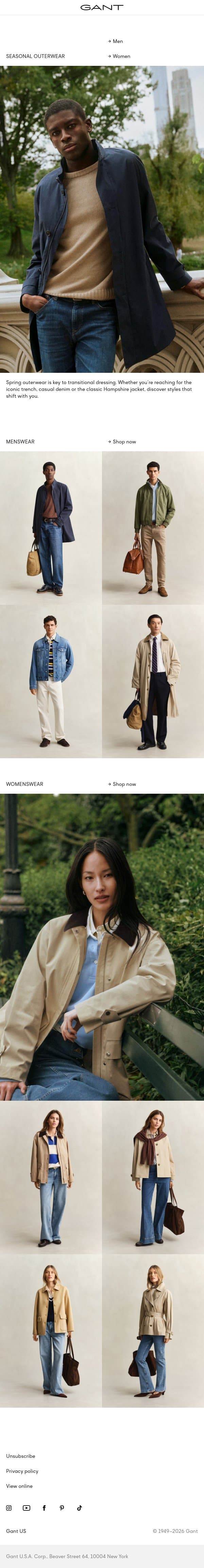New in: Transitional jackets & coats email from Gant screenshot