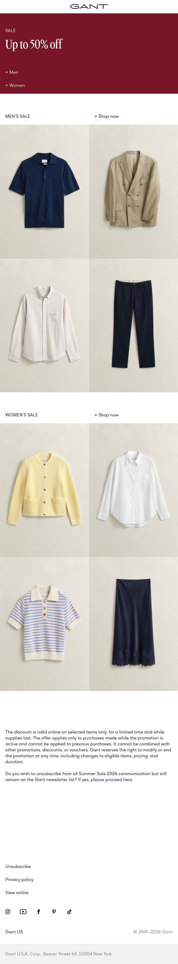 Up to 50% off starts now email from Gant screenshot
