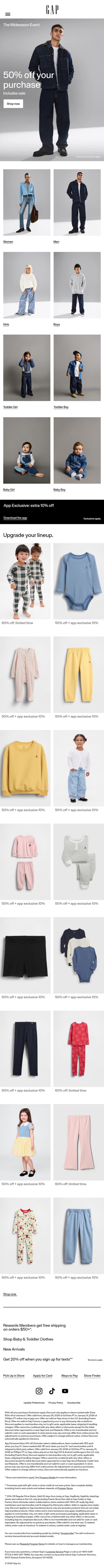 50% off your purchase at our Midseason Event is happening now email from Gap screenshot