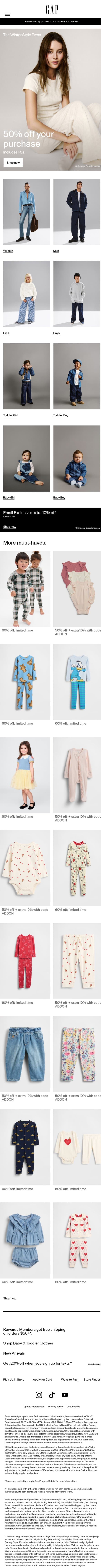 50% off must-haves to start your year in comfort email from Gap screenshot