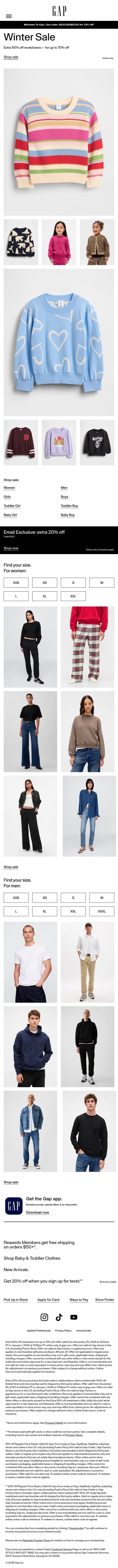 Confirmed: up to 70% off at our big Winter Sale email from Gap screenshot