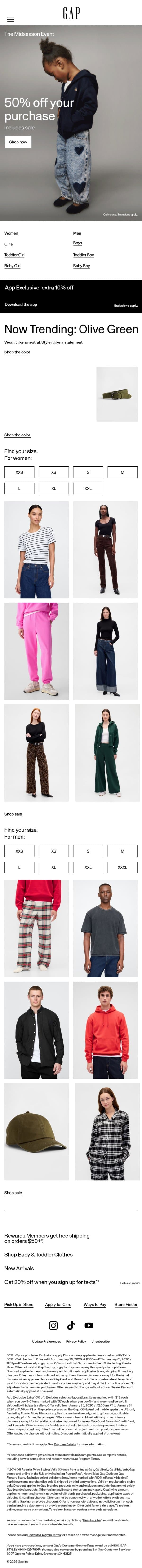 Stock up for the season with 50% off your cart email from Gap screenshot