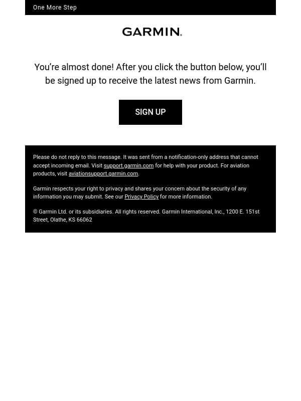 Complete Email Sign-up email from Garmin screenshot