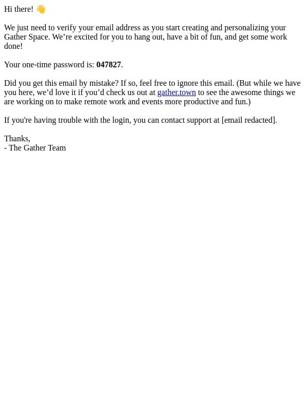 Your Gather one-time password: 047827 email from Gather screenshot