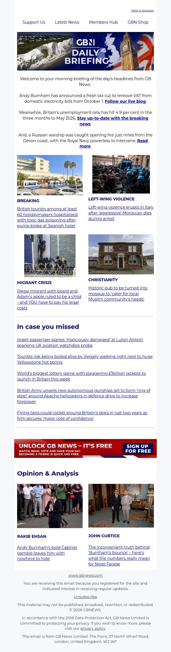 Burnham cuts taxes on energy bills in first move as PM email from GB News screenshot