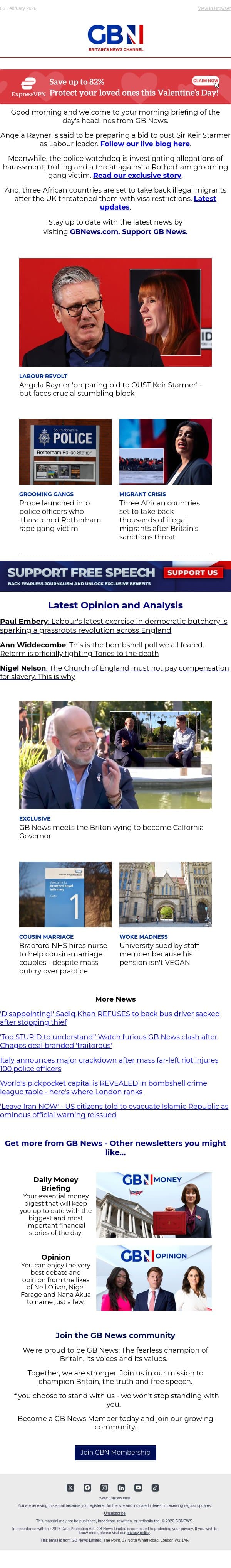 Rayner ready to oust PM | Police 'threaten' rape gang victim | African countries take back migrants email from GB News screenshot