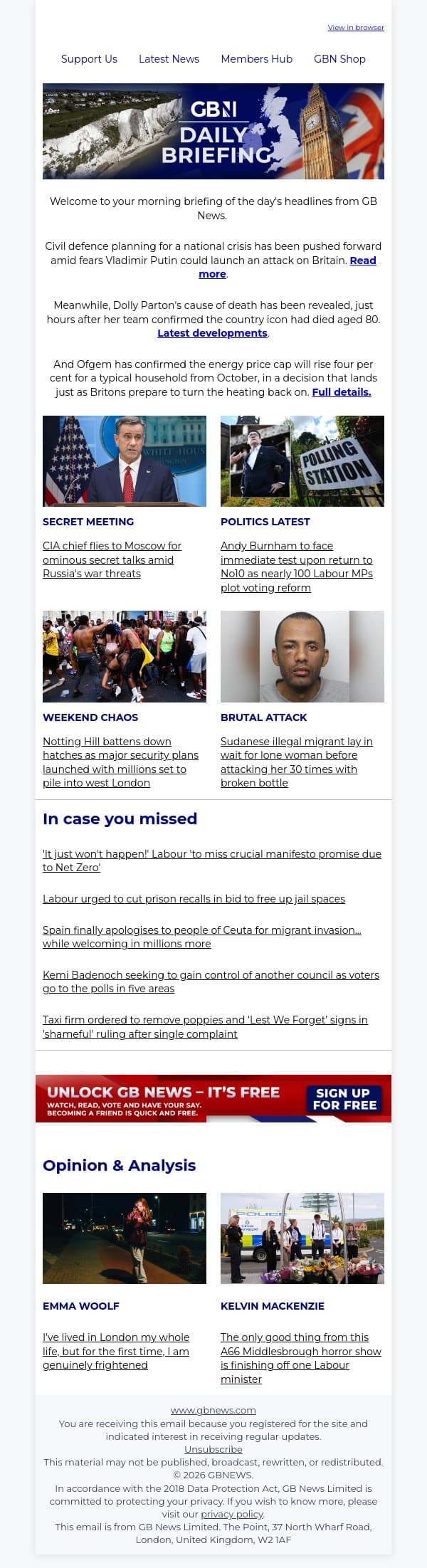 Britons ordered to stockpile food over fears of Russian strike email from GB News screenshot