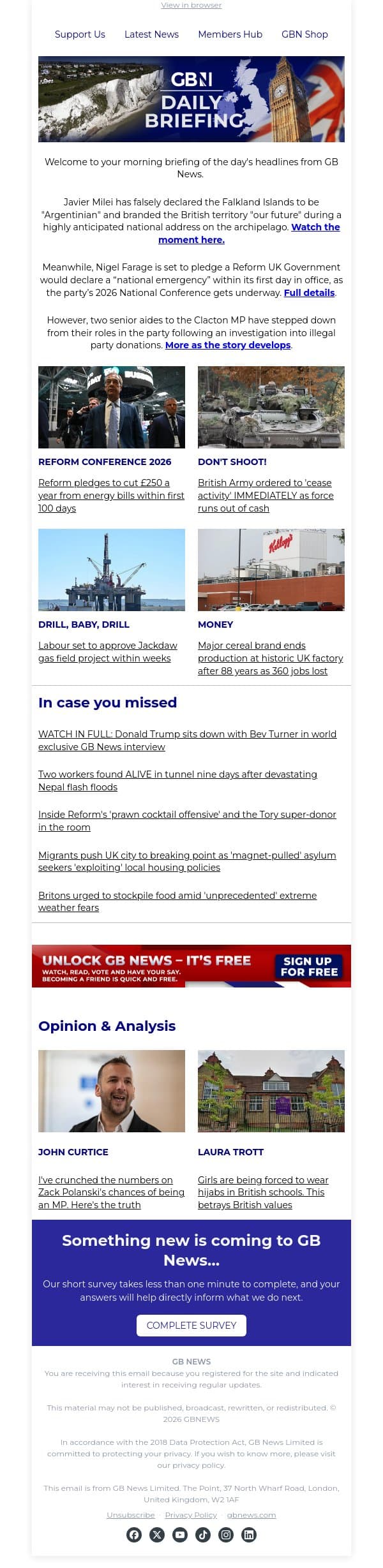 Javier Milei falsely declares Falklands 'Argentinian' email from GB News screenshot