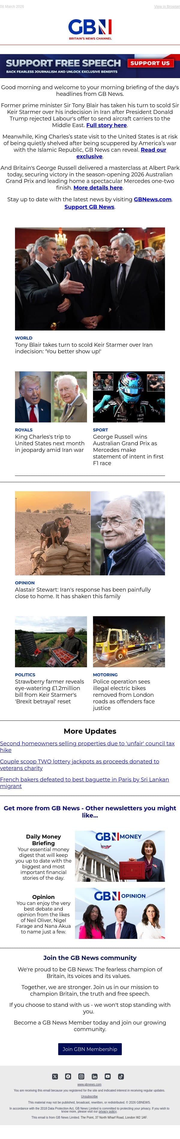Blair scolds PM on Iran after Trump rebuke | King's US visit in jeopardy | Russell wins F1 opener email from GB News screenshot