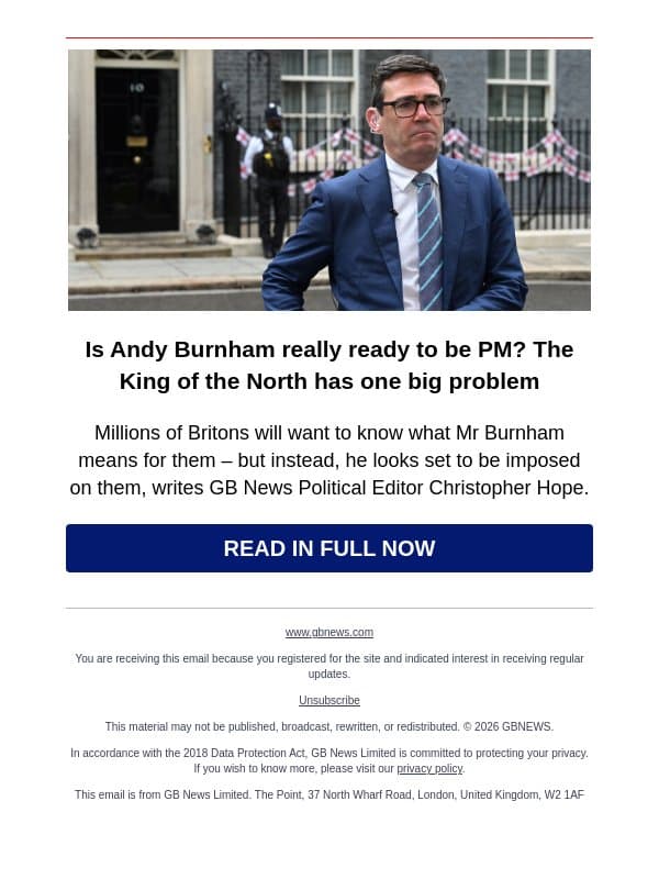 Is Andy Burnham really ready to be PM? email from GB News screenshot