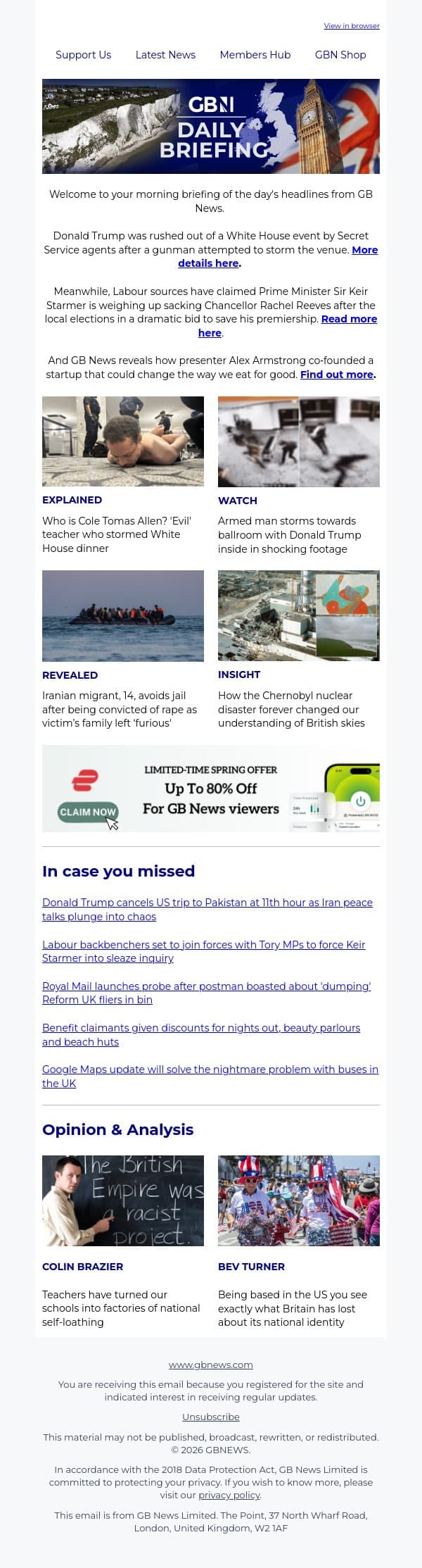 Shots fired at White House Correspondents’ Dinner email from GB News screenshot