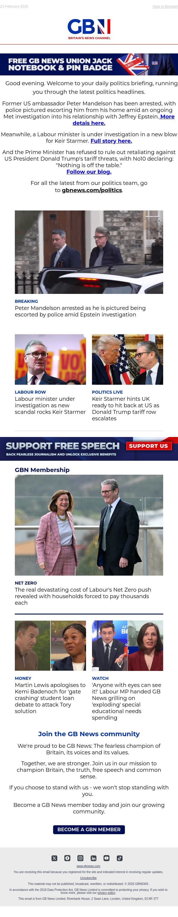 BREAKING: Peter Mandelson arrested as he is escorted by police amid Epstein investigation email from GB News screenshot