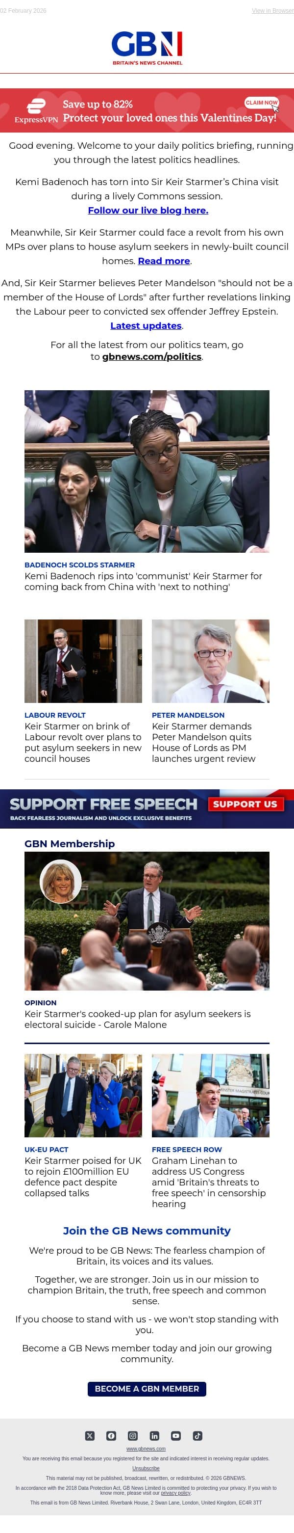 Badenoch slams 'communist' PM | Labour MPs on brink of revolt | PM demands Mandelson quits Lords email from GB News screenshot