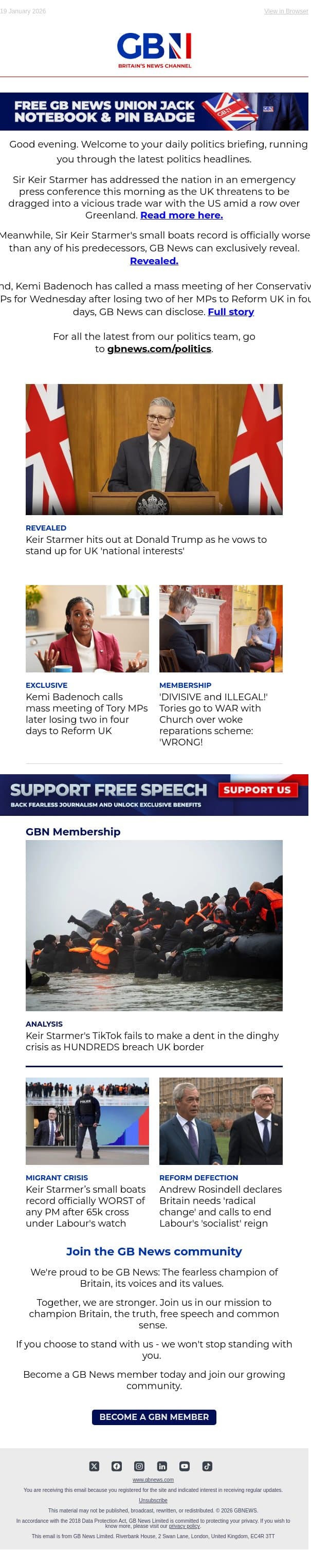 Starmer blasts US in emergency speech | PM's migrant record exposed | Badenoch holds Reform meeting email from GB News screenshot
