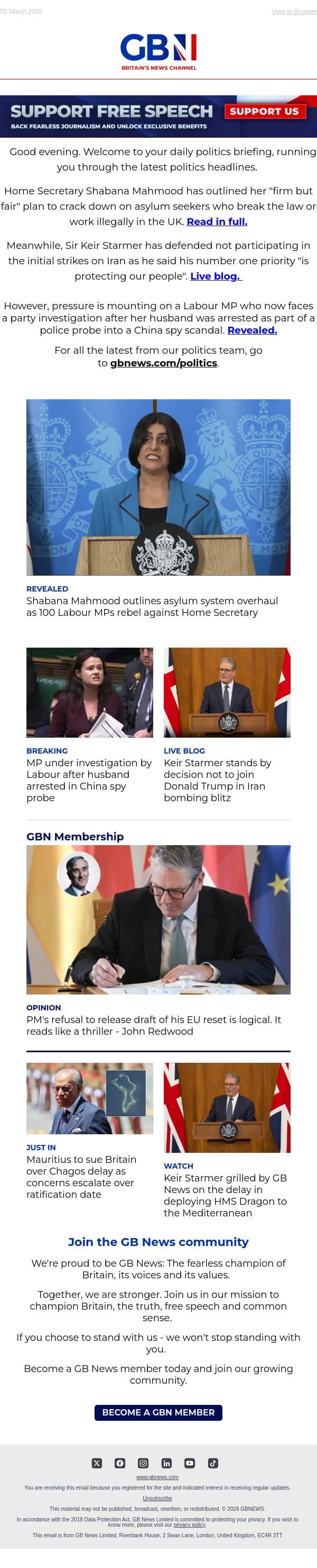 Mahmood's migration crackdown | PM defends Trump Iran snub | MP faces probe after husband's arrest email from GB News screenshot