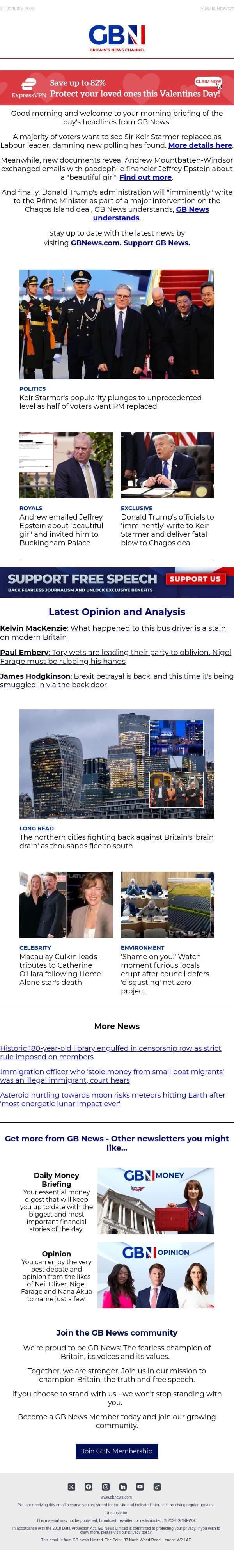 PM's popularity plunges | Andrew emailed Epstein about 'girl' | US 'imminently' writing Chagos blow email from GB News screenshot