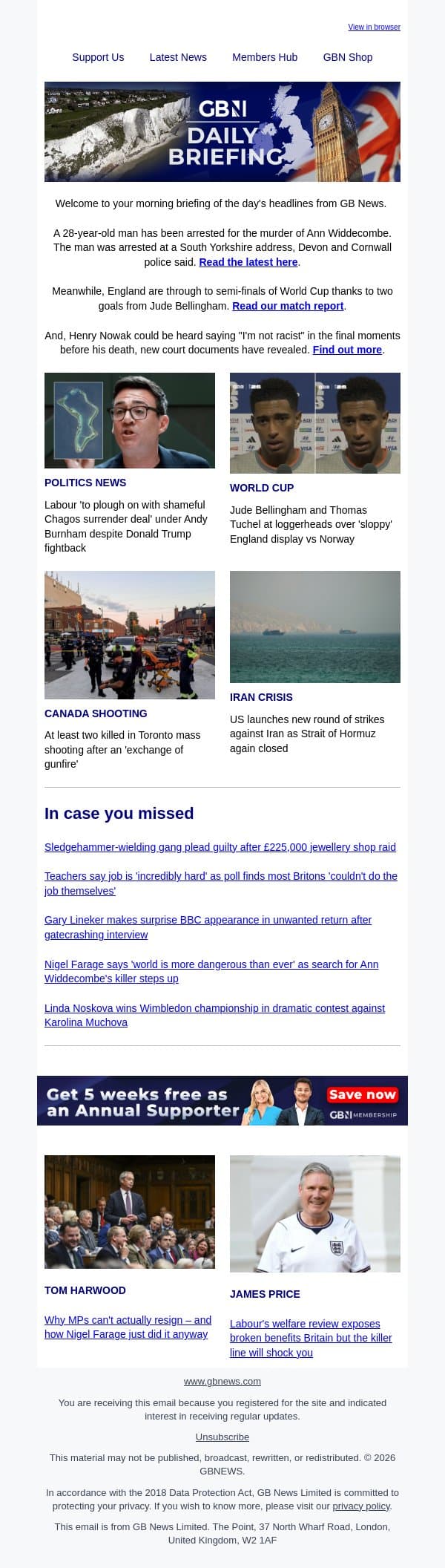 Police arrest 28-year-old man on suspicion of murdering Ann Widdecombe email from GB News screenshot