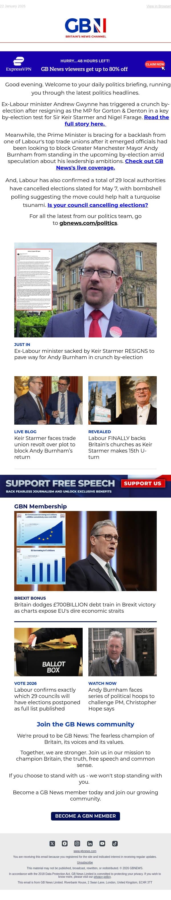PM plots to block Burnham by-election run | Labour's union revolt | Full list of cancelled elections email from GB News screenshot