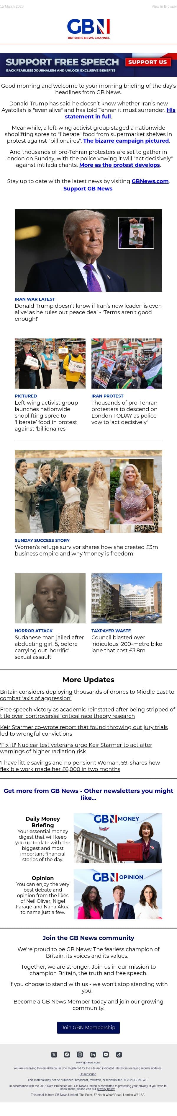 Trump rules out Iran deal | Activists' shoplifting spree | Iran protesters descend on London email from GB News screenshot