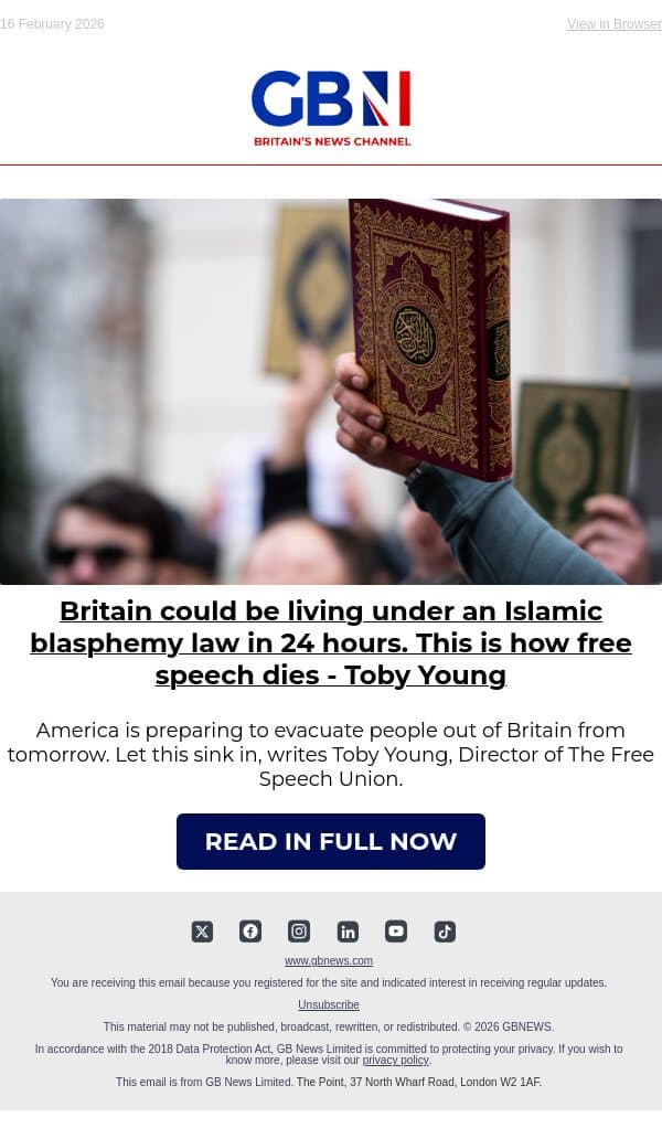Britain could be living under an Islamic blasphemy law in 24 hours - Toby Young email from GB News screenshot