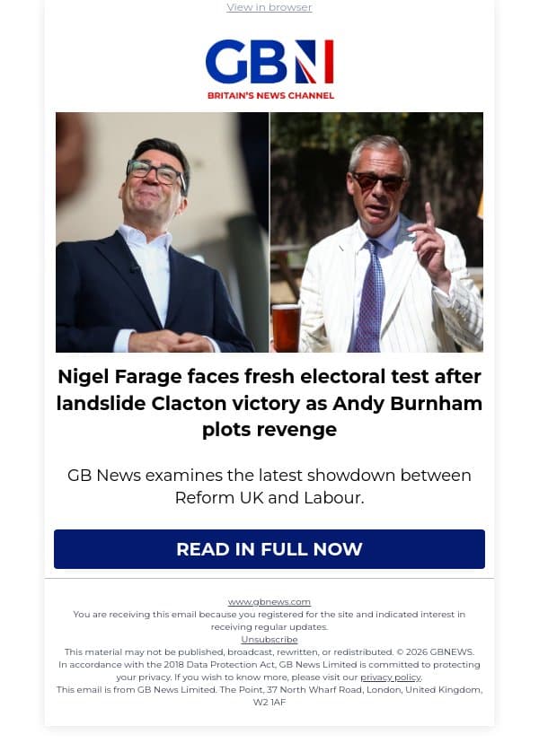 Nigel Farage faces fresh electoral test after landslide Clacton victory as Andy Burnham plots revenge email from GB News screenshot