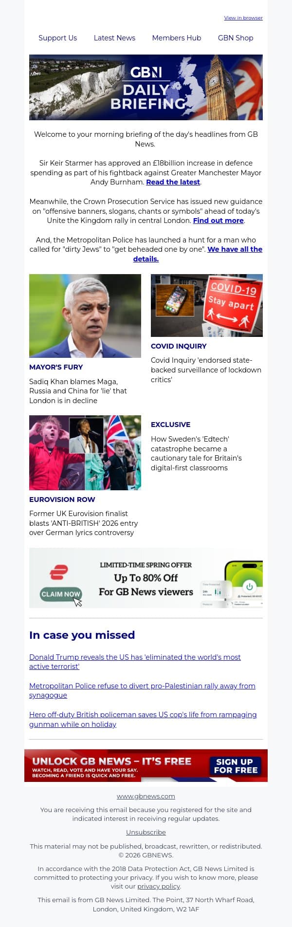 Keir Starmer launches fightback against Andy Burham with £18bn defence boost email from GB News screenshot