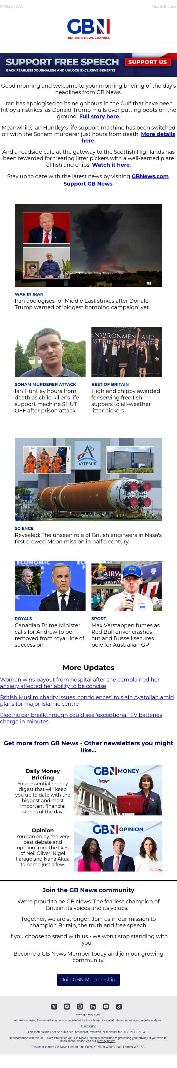 Iran apologises for Gulf strikes | Ian Huntley hours from death | Free chippy for litter pickers email from GB News screenshot