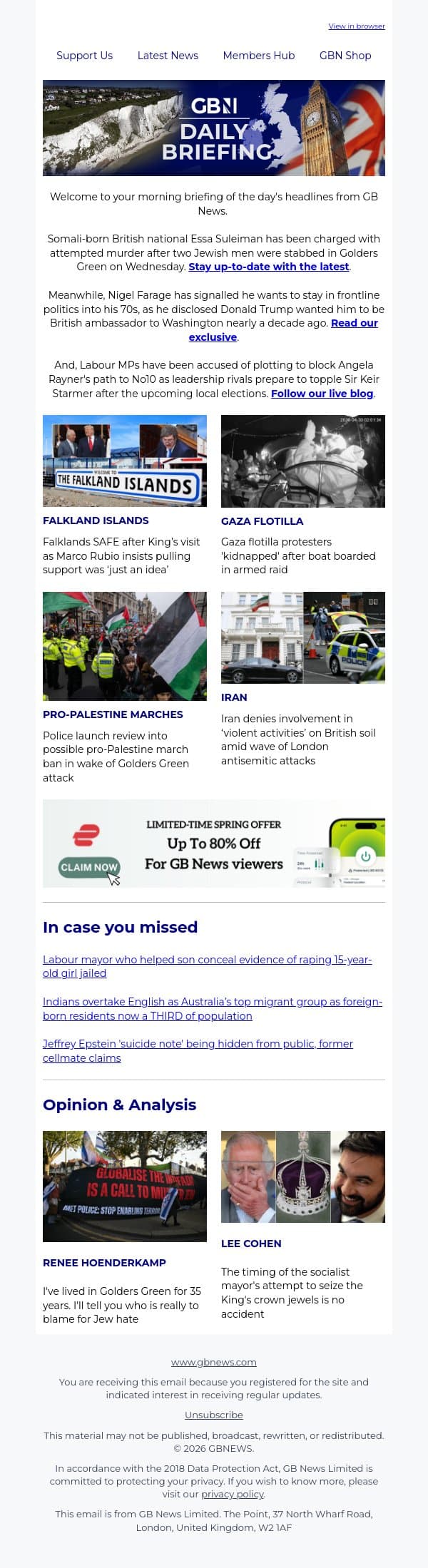Man charged with attempted murder after two Jewish men stabbed in Golders Green email from GB News screenshot