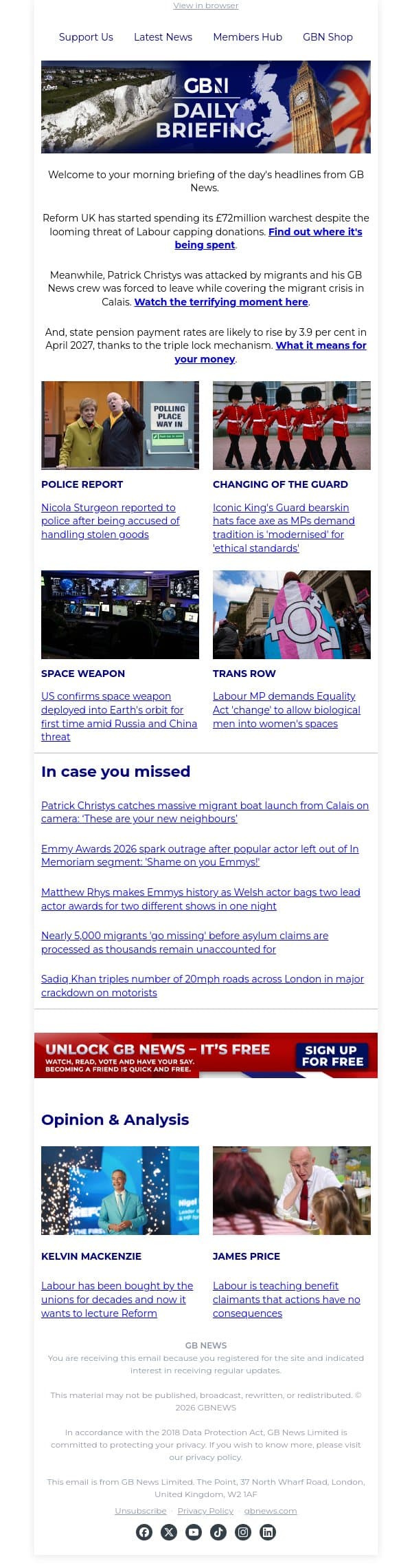 Reform begins spending £72m warchest email from GB News screenshot