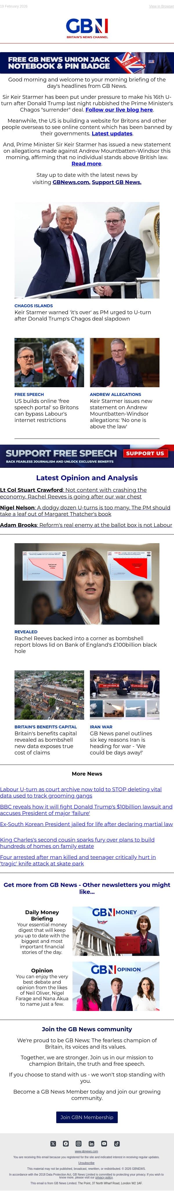 PM told 'it's over' on Chagos | US opens 'free speech portal' for Britons | PM's statement on Andrew email from GB News screenshot