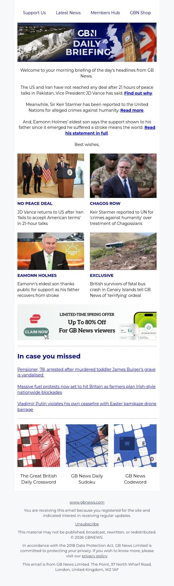 US and Iran fail to reach peace agreement in 21-hour crunch talks email from GB News screenshot