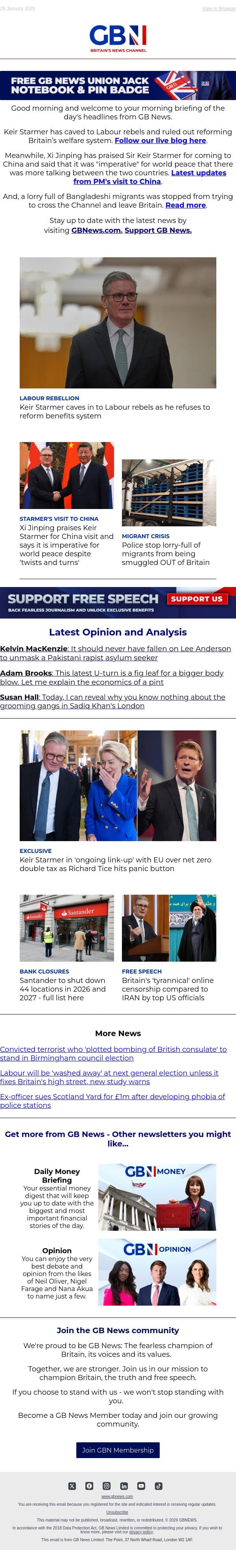 PM caves in to Labour rebels | Xi Jinping praises Starmer | Police stop migrants from leaving UK email from GB News screenshot