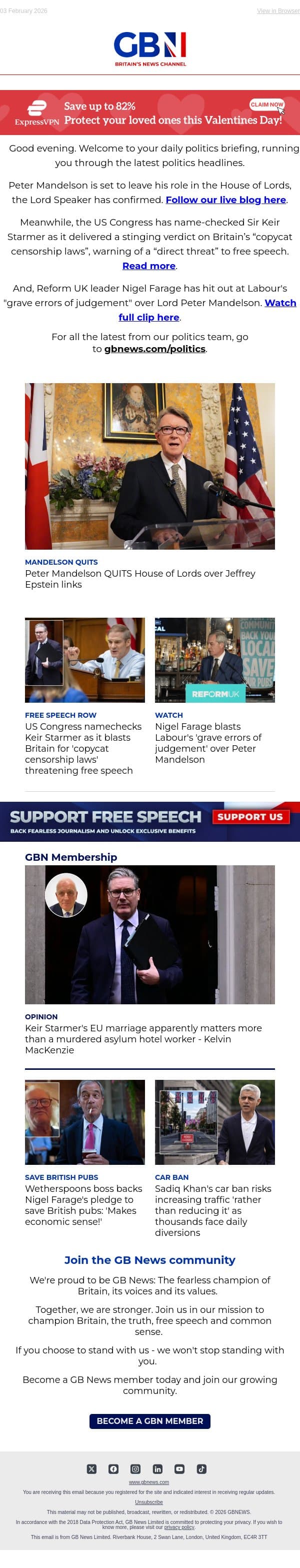 Mandelson quits Lords | Congress blasts UK 'censorship laws' | Farage slams Labour over Mandelson email from GB News screenshot