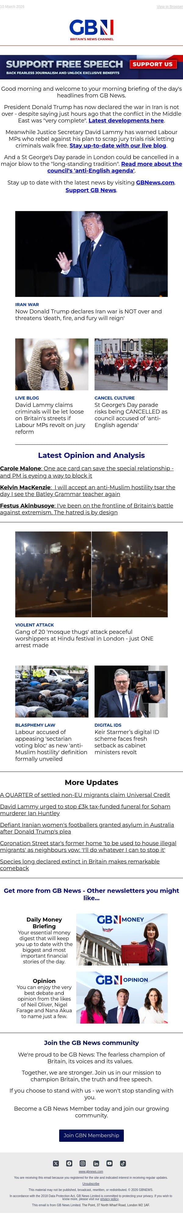 Lammy faces jury reform revolt | St George's Day parade may be AXED | Trump: ‘War in Iran not over’ email from GB News screenshot