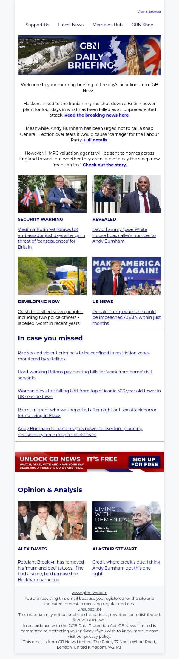 Iran 'shuts down British power station in unprecedented attack' email from GB News screenshot