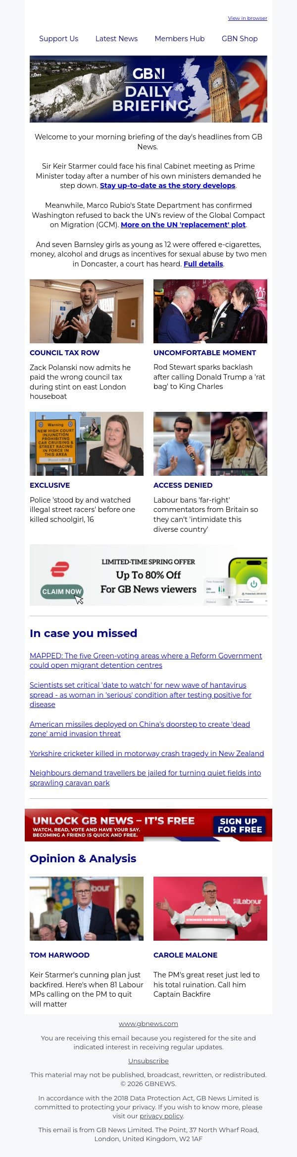 Starmer to face mutinous Cabinet in just hours email from GB News screenshot