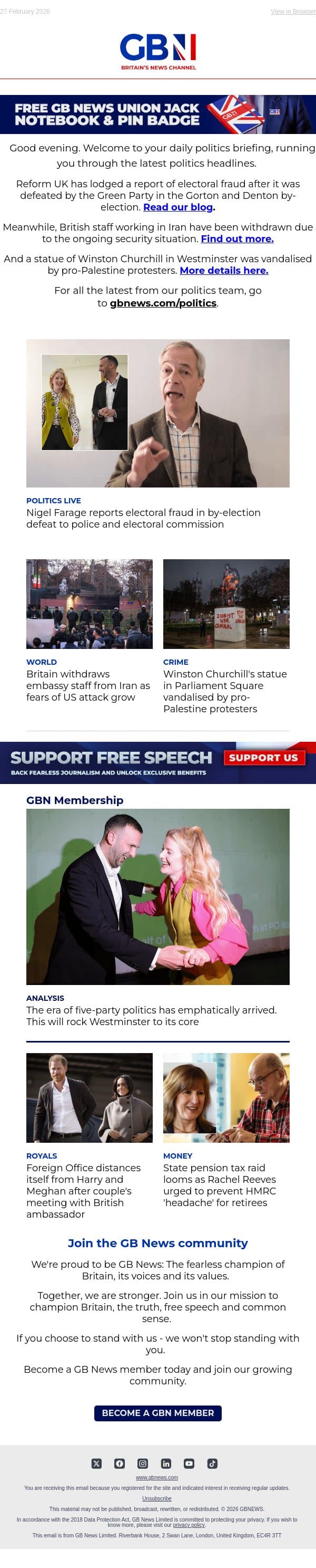 Reform reports by-election fraud | UK withdraws Iran staff | Winston Churchill statue vandalised email from GB News screenshot