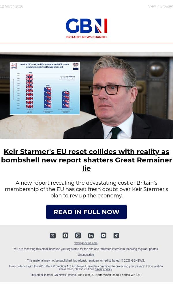 Keir Starmer's EU reset collides with reality as bombshell new report shatters Great Remainer lie email from GB News screenshot