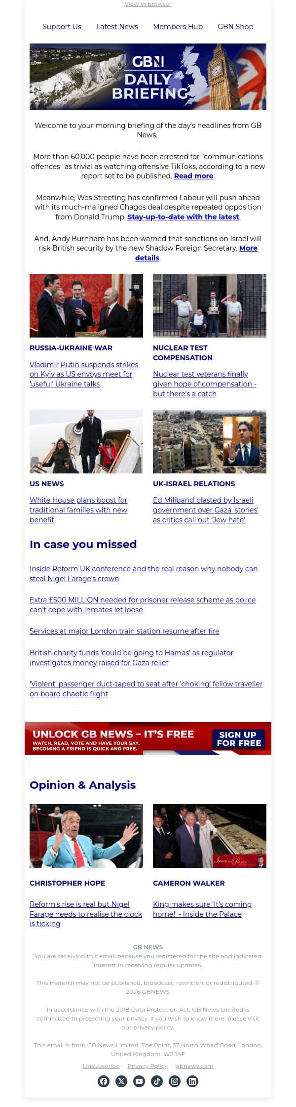 Over 60k arrested for 'communications offences' such as 'viewing TikTok videos' email from GB News screenshot