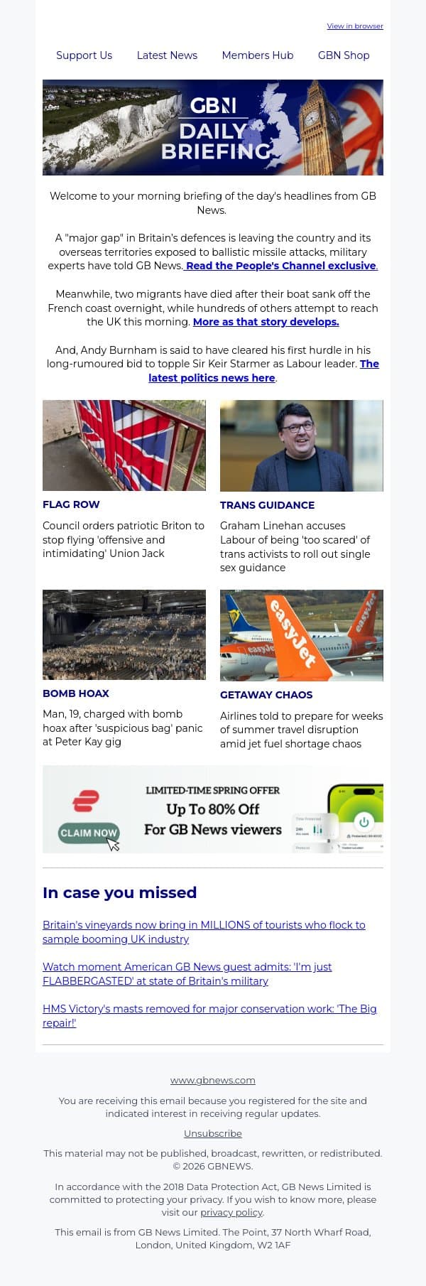 'Major gap' in Britain's defences leaving citizens exposed email from GB News screenshot