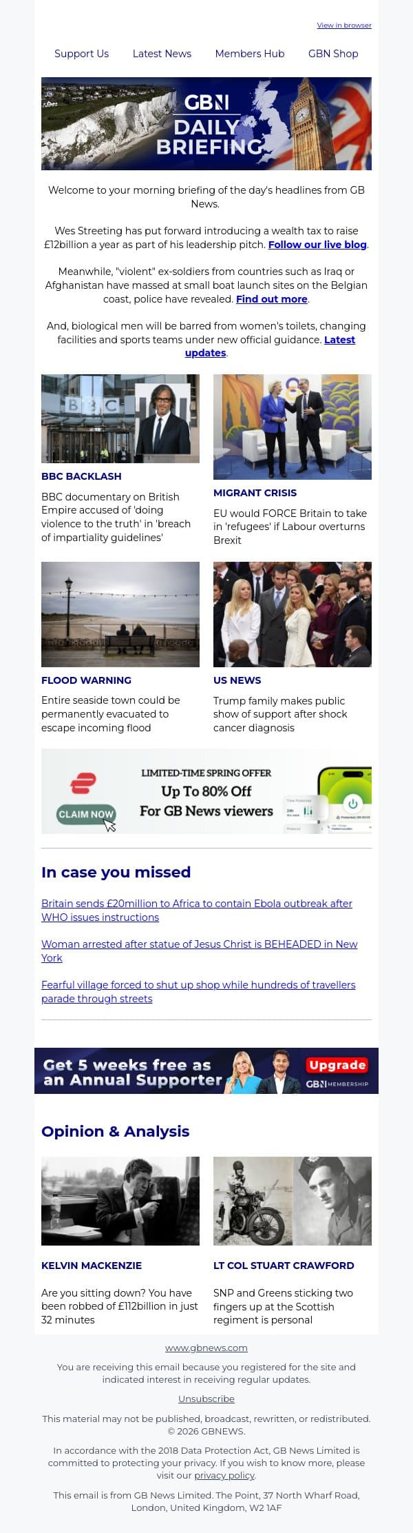 Wes Streeting wants new wealth tax to raise £12bn a year email from GB News screenshot