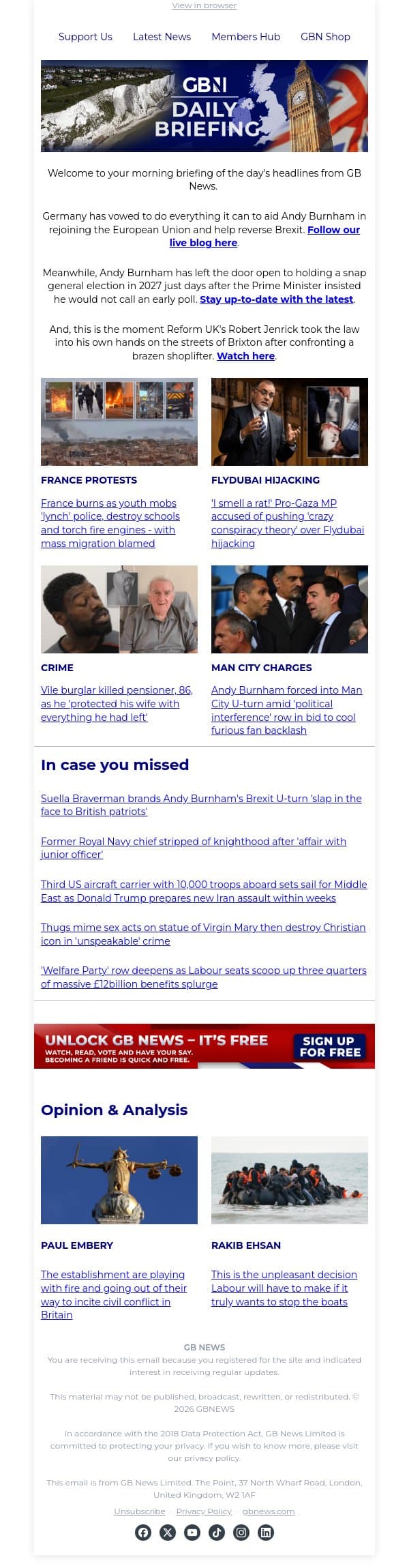 Burnham receives major EU boost to rejoin bloc as Germany vows to help reverse Brexit email from GB News screenshot