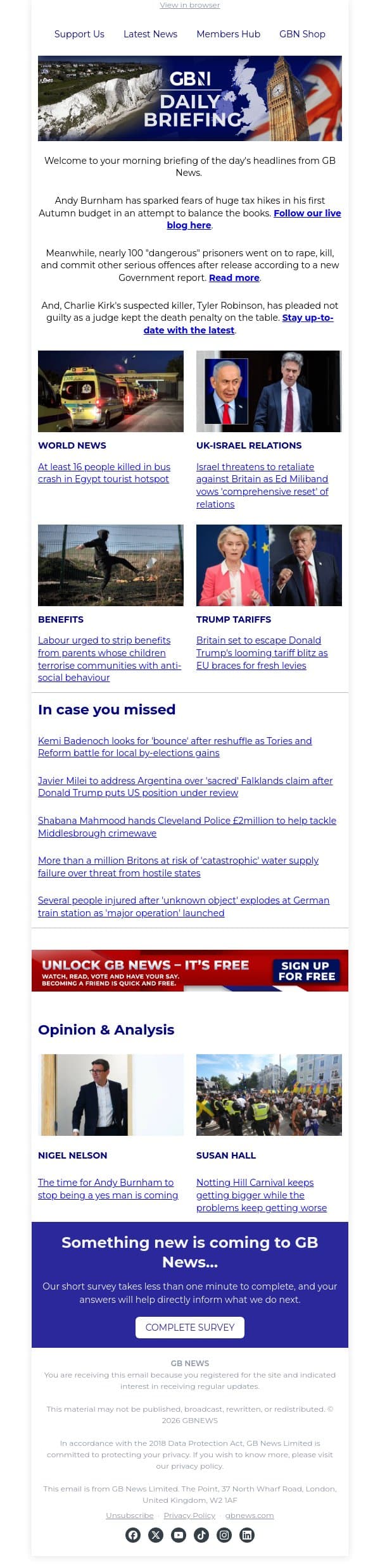 Burnham sparks fears of huge tax hikes in WEEKS as new PM faces £14bn black hole email from GB News screenshot