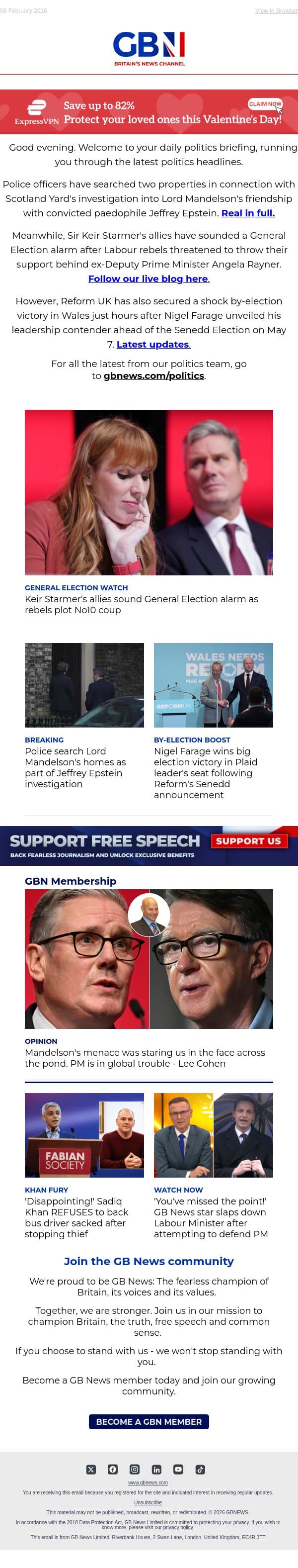 Police search Mandelson's homes | PM's allies sound General Election alarm | Reform's Welsh victory email from GB News screenshot