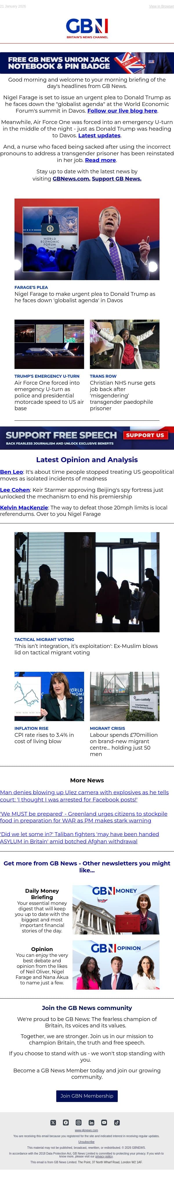 Farage's urgent plea to Trump | Trump's plane emergency U-turn | Nurse 'misgenders' trans prisoner email from GB News screenshot