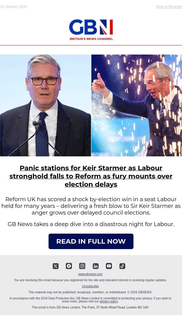 Panic for Keir Starmer as Labour stronghold falls to Reform as fury mounts over election delays email from GB News screenshot